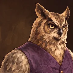 A horned owl in a purple waistcoat.
