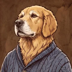 An old golden retriever in a cable-knit cardigan.