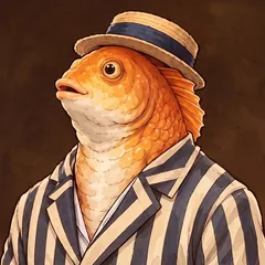 A goldfish in a boater and a striped blazer.