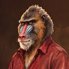 A mandrill in an open red shirt.