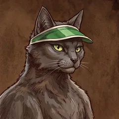 A black cat in a green dealer's visor.