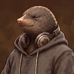 A mole in a hoodie, headphones round its neck.