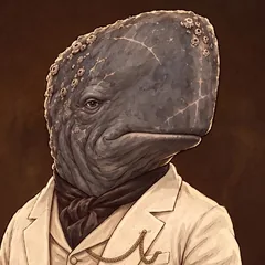A sperm whale in a cream linen jacket.