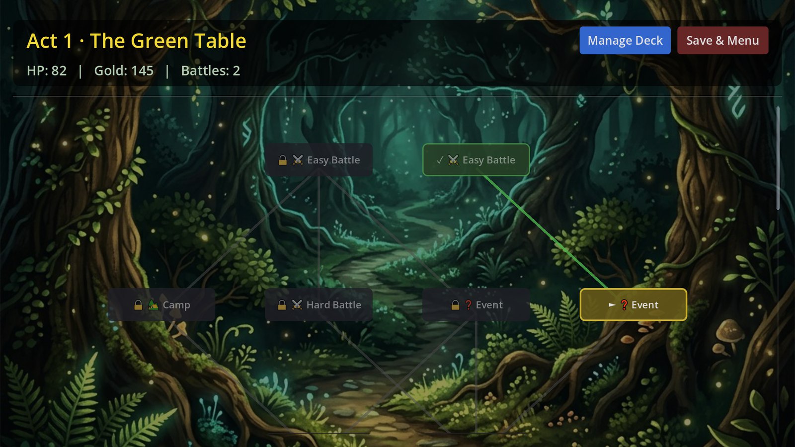 An act map: a branching path of battle, camp, shop and mission nodes.