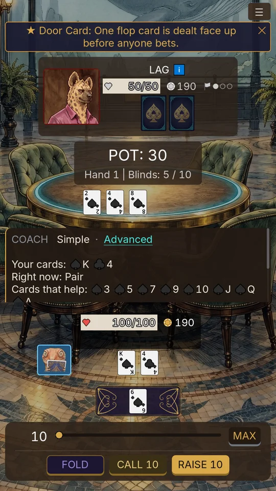 The game on a phone at the Fish Tank, the Coach open: it names your hand and says raise, with its reason.
