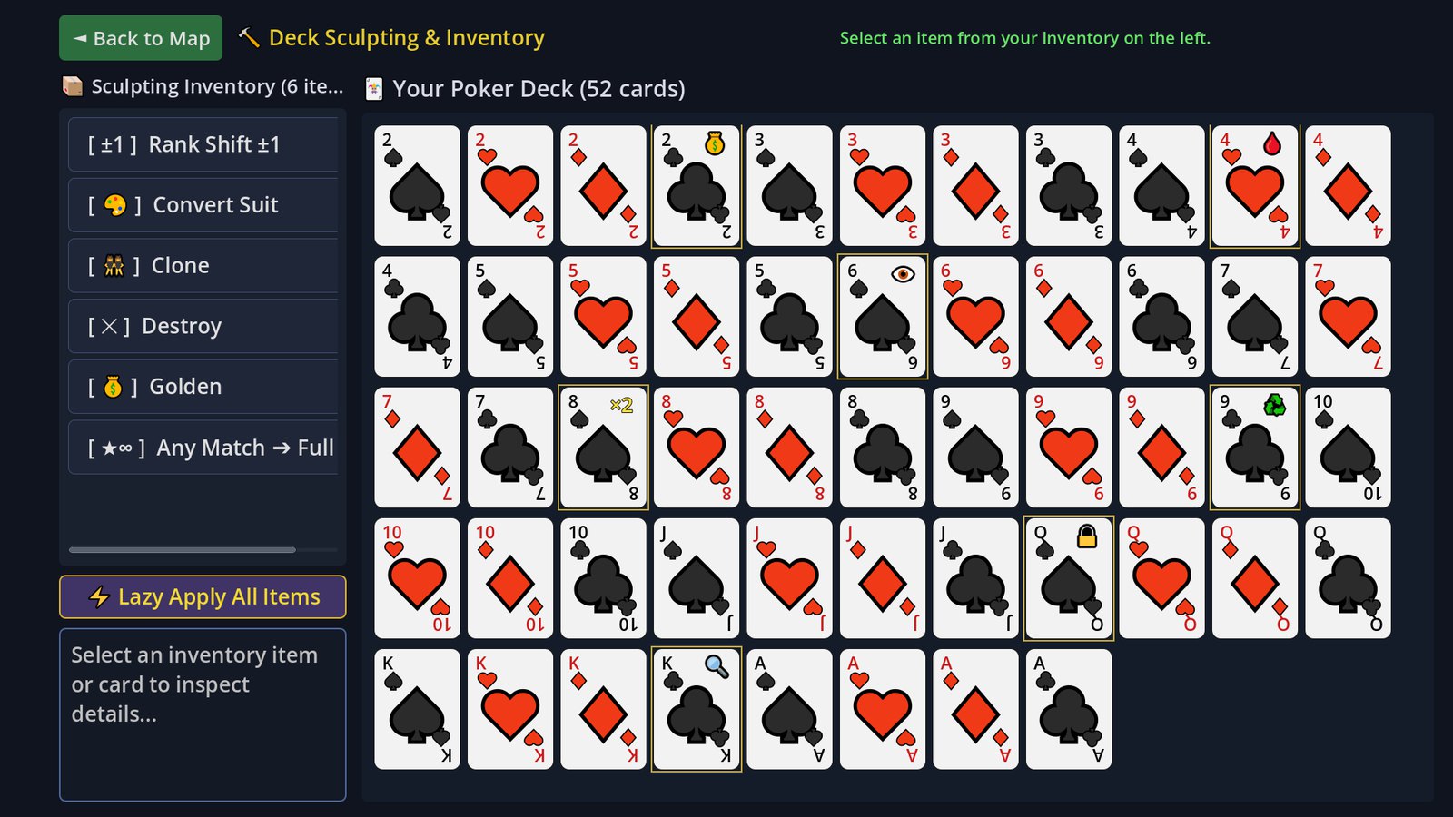 The deck builder: the full deck laid out card by card beside an inventory of enhancement items.