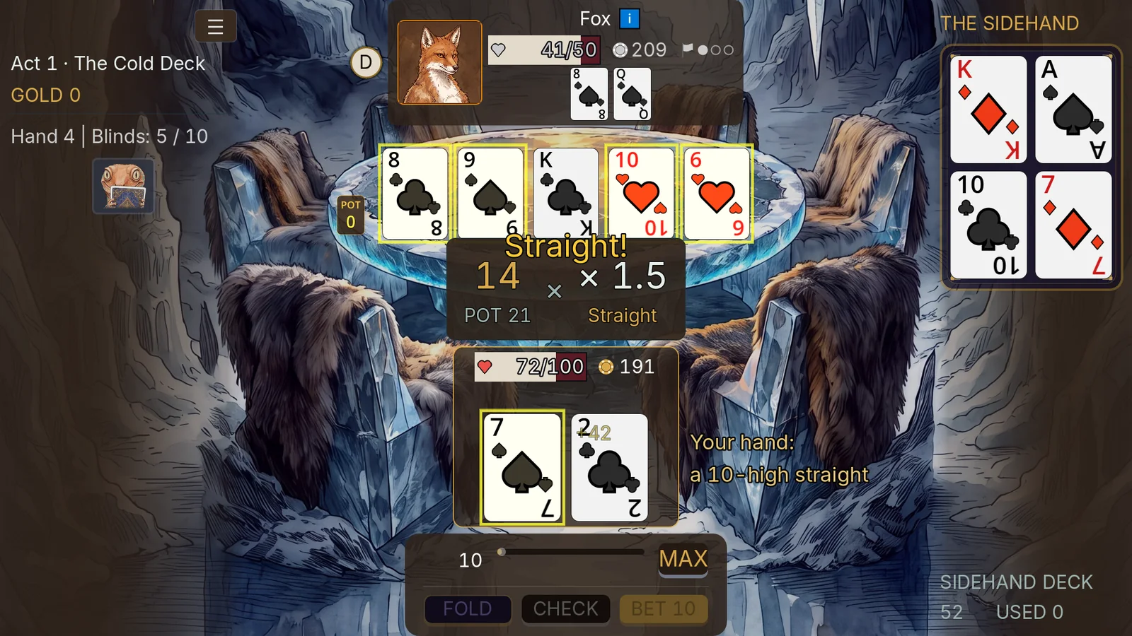 A fight at the Cold Deck, a table in an ice cavern: the player wins with a straight and the hit lands on the Fox's health bar, fourteen times one point five.