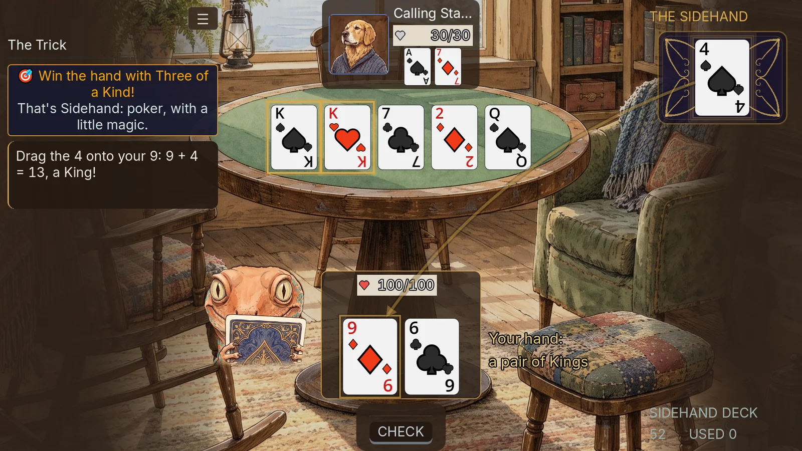 First Steps in the lakeside cabin: the croupier asks you to drag the 4 onto your 9, and a gold arrow shows the way.