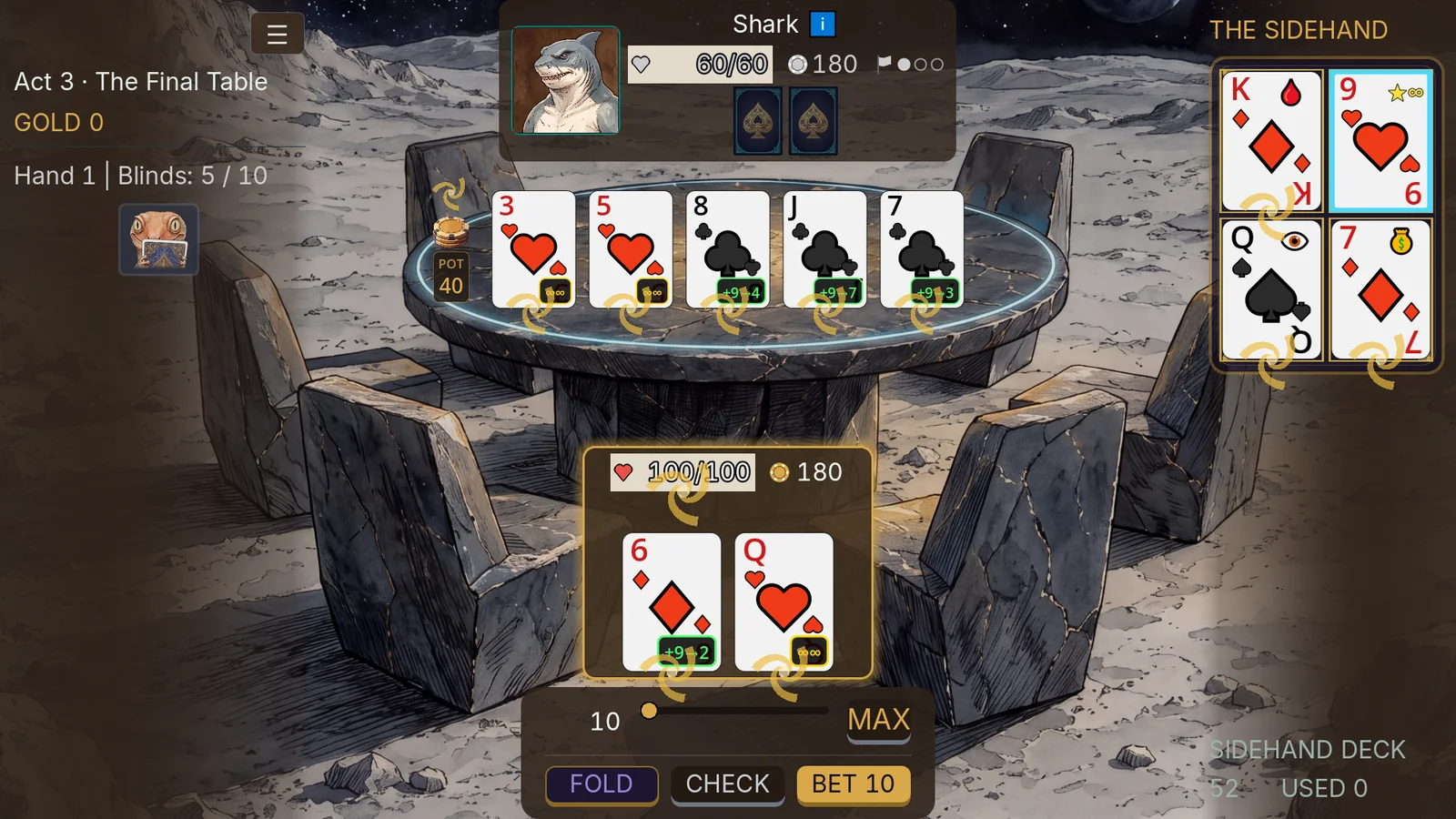 The Final Table on the Moon: a magic 9 picked up from the Sidehand, and every card it could land on marked with what it would become.