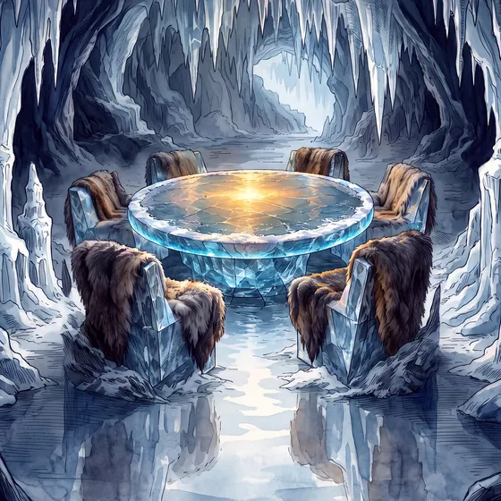 A table of ice in a frozen cavern, with fur-draped chairs.