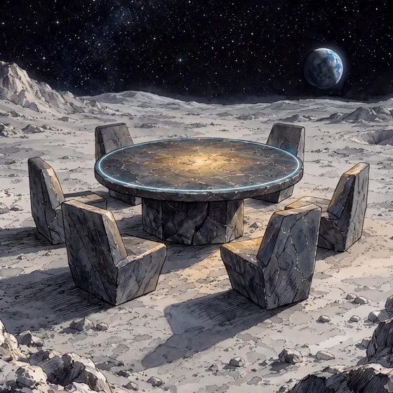 A stone table on the Moon, the Earth on the horizon.