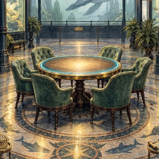A table in a Victorian aquarium hall, a whale passing behind the glass.