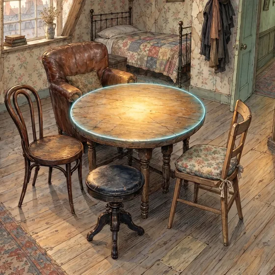A small round table in a cluttered attic bedroom.