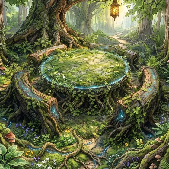 A mossy round table among the roots of an old forest, in daylight.