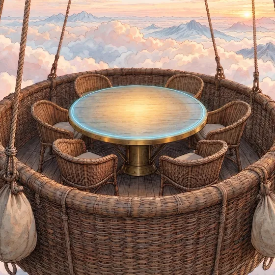 A table in the wicker basket of a balloon, above the clouds.