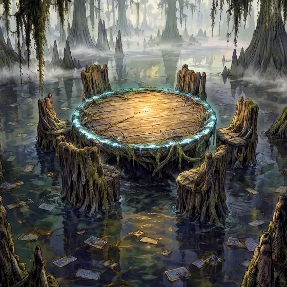 A table on a stump in a misty swamp, seats of mossy roots.