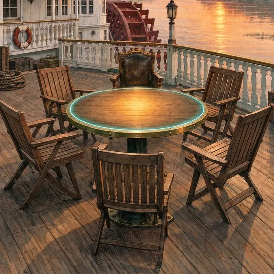 A table on the deck of a paddle steamer at sunset.