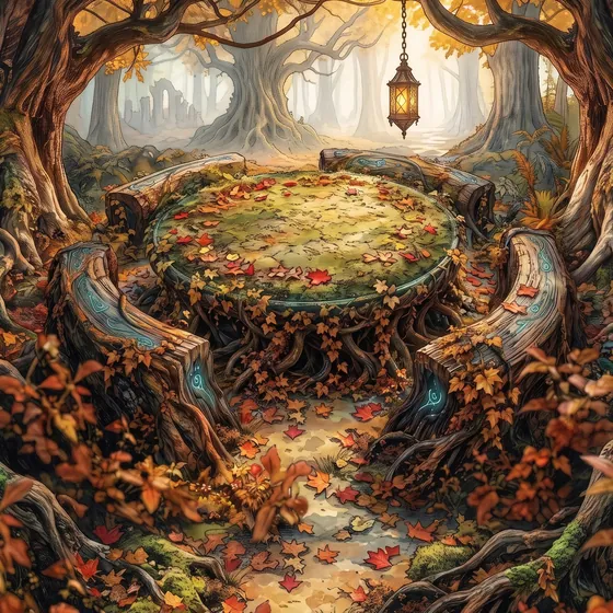 A table in an autumn forest, a lantern hanging from the branches.